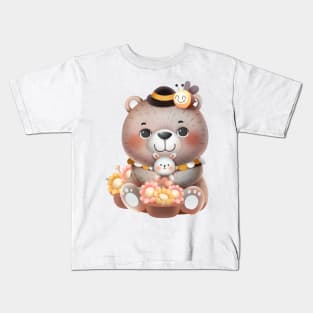 Cute Cartoon Bear with Flowers, Bunny and Bee Illustration Kids T-Shirt